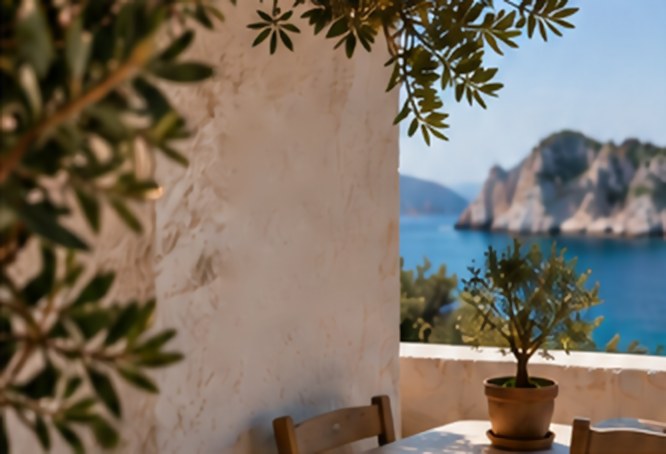 Whitewashed wall with olive branches and a view to the sea