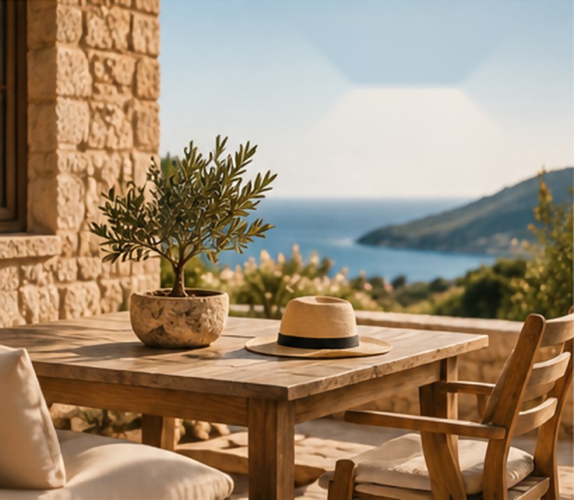 Stone terrace with an olive tree and a view to the sea